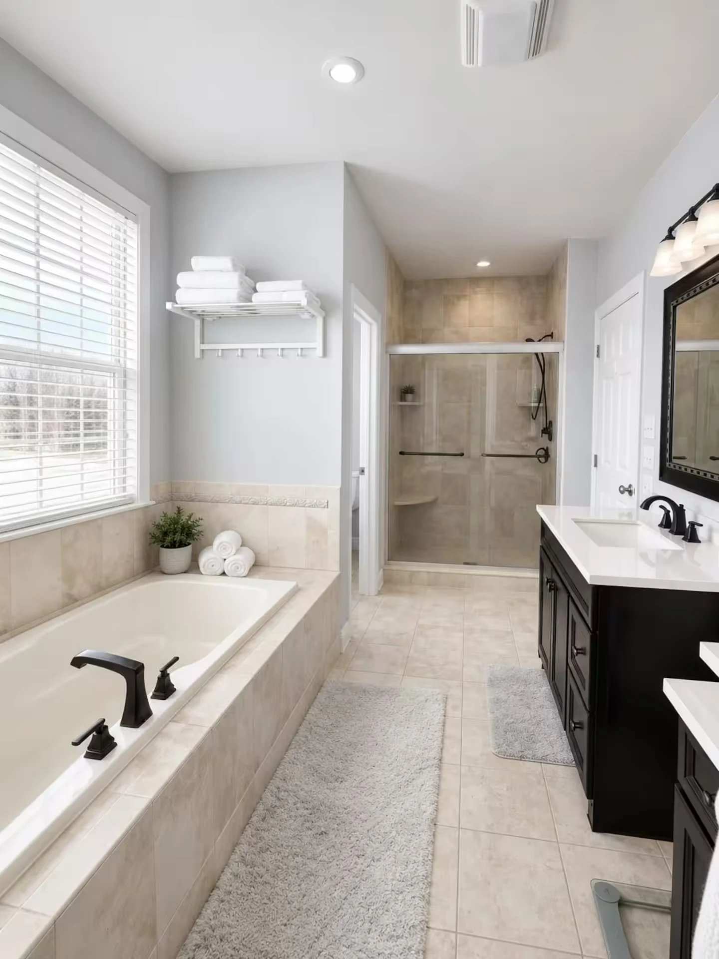 Actual Augusta Lane primary bathroom with soaking tub and separate shower