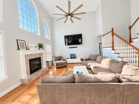 Double-height living room and fireplace